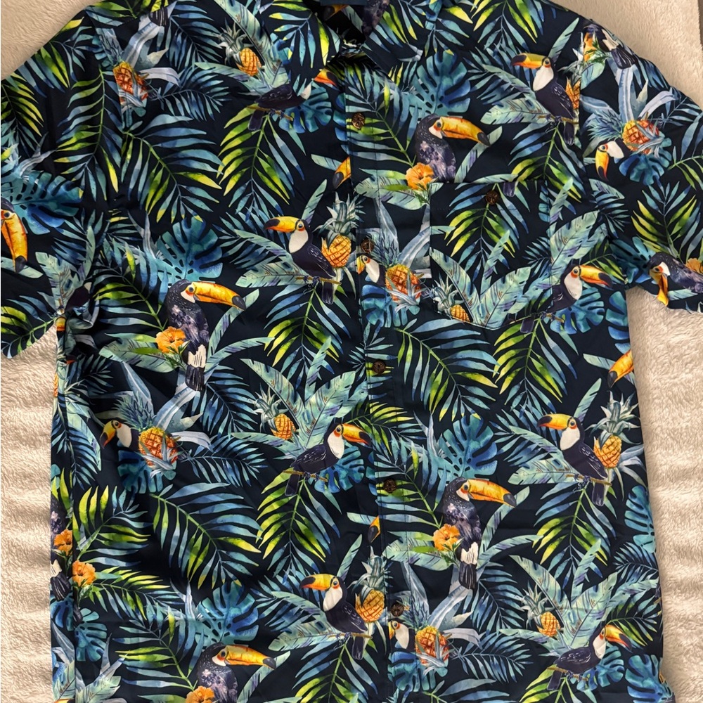 Caribbean Joe Shirt Large Tucan Floral Hawaiian Button Up Short Sleeve Mens